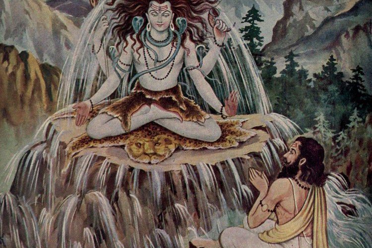 Shiva meditating with Ganga coming out, Bhagiratha praying to him